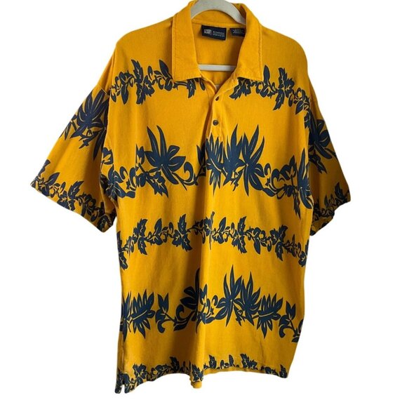 Vintage Faded Glory Sz 2XL Polo Shirt Y2K Tropical Print Hawaiian Yellow Cotton - Picture 1 of 9